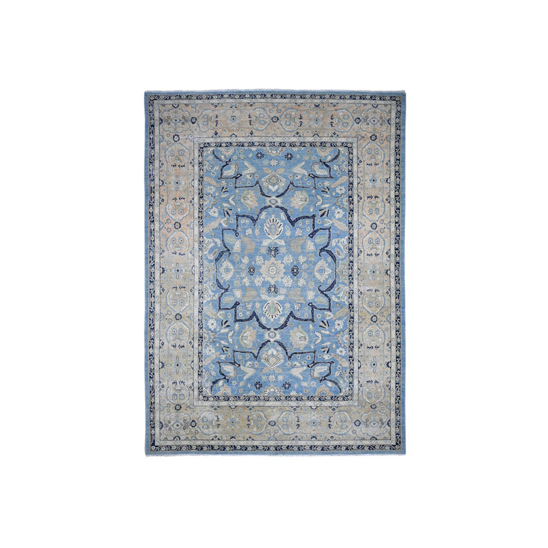 Tapis bleu en laine noué à la main 8 pi 7 po x 12 pi 2 po Hera