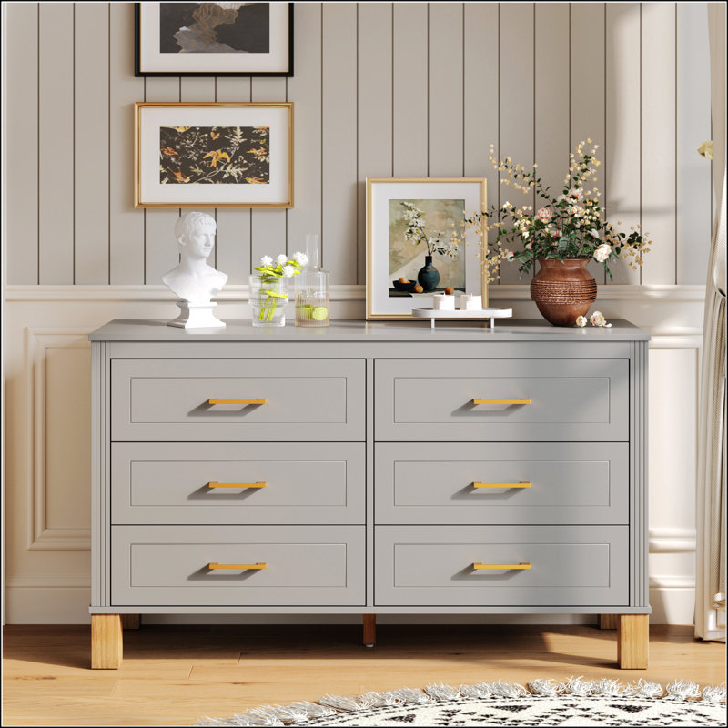 6-Drawer Double Dresser, Modern Storage Cabinet With Metal Handles & Solid Wood Legs, Heavy-Duty Organizer For Kids And Adults