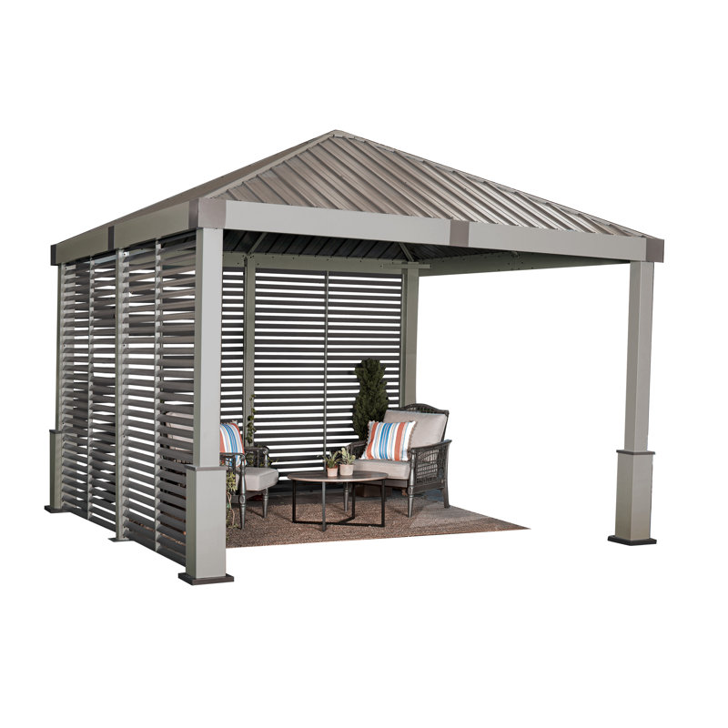 Sojag 12' x 12' Nanda Hardtop Gazebo Outdoor Weather-Resistant Aluminum Frame Shelter with Mosquito Net, Taupe, Champagne
