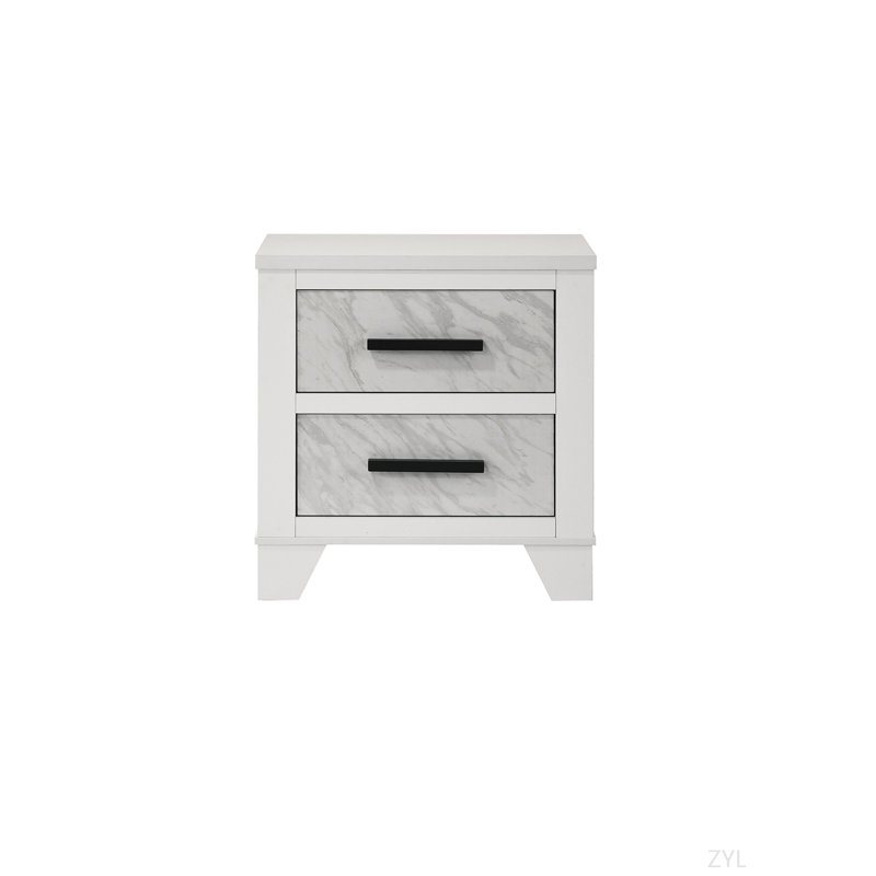 Table de chevet blanche avec poignées noires et barre de chevet