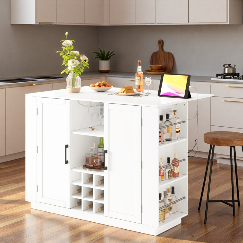 Multifunctional Kitchen Island With Foldable Top, Power Outlet, Wine Rack, Stemware Holder, Open Side Shelves And Adjustable Shelves