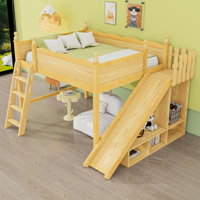 Wood Loft Bed With Shelves, Detachable Slide, Guardrails And Ladder