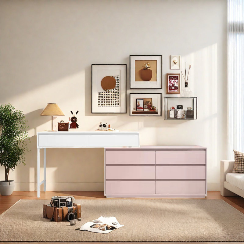 Cream Style Multi-Functional Dresser, White/Pink