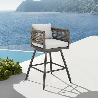 Tabouret de bar rotatif extérieur en aluminium avec corde grise et coussins gris clair Karan - ensemble de 2