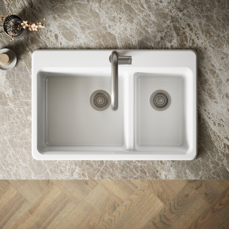 Riverby 33 In. Top-Mount Double-Bowl Kitchen Sink, White, 1 hole, Large/medium bowls