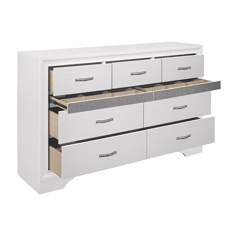 Keaisha 9 Drawer Dresser, White/Silver Glitter