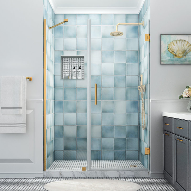 Belmore XL 55.25" W x 80" H Hinged Frameless Shower Door with Ultra-Bright Glass, Brushed Gold, Clear Glass