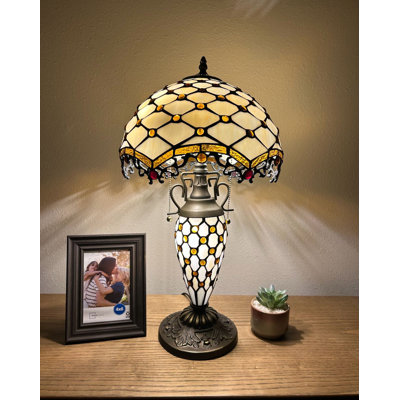 Lampe de table Simonson Tiffany avec abat-jour et base en vitrail beige Ampoules DEL incluses l 12 po x P 12 po x H 22 po