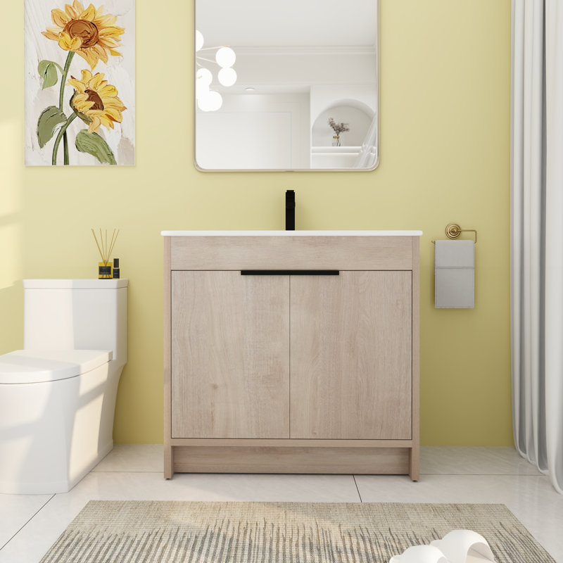 Meuble-lavabo simple autoportant de 35,96 po avec plateau en céramique Ergenekon, Blanc