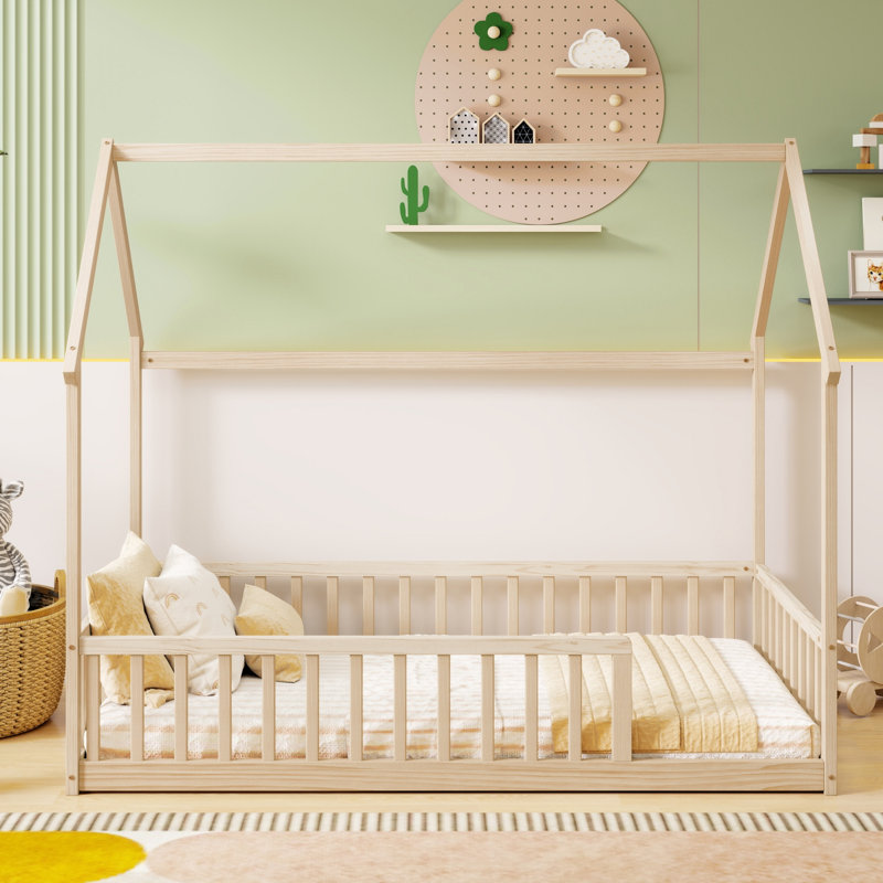 Lit simple en bois massif avec structure de toit et garde-corps, Twin, Natural