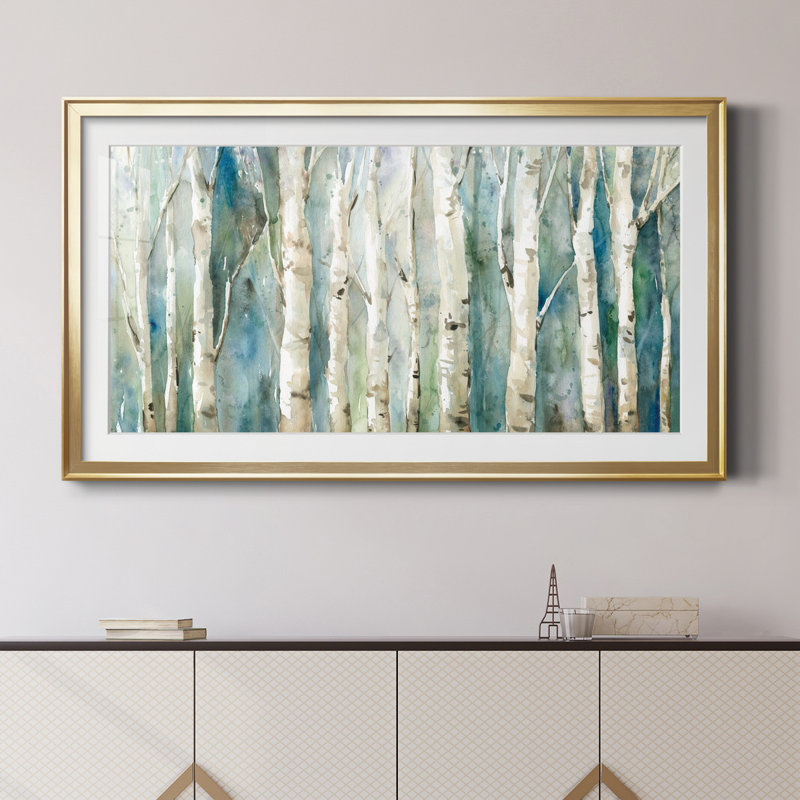 Birch River Walk - reproduction d'art encadrée de qualité supérieure - prête à être accrochée, H 14,5 po x l 26,5 po, Doré
