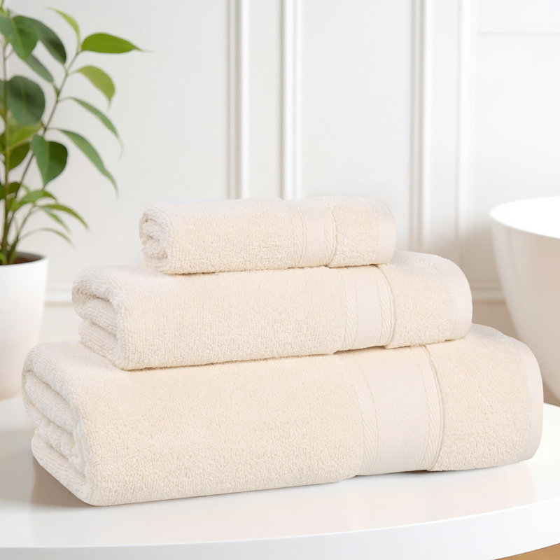 Nile Mills Zero-Twist Cotton Towel Set With Framed Dobby Border - Quick-Dry, Ivory