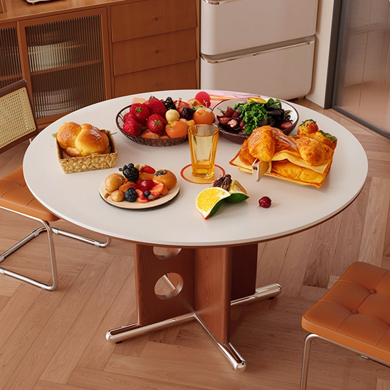 Plaque de roche blanc brun Pieds de table en bois de cire blanc Base de table en acier inoxydable
