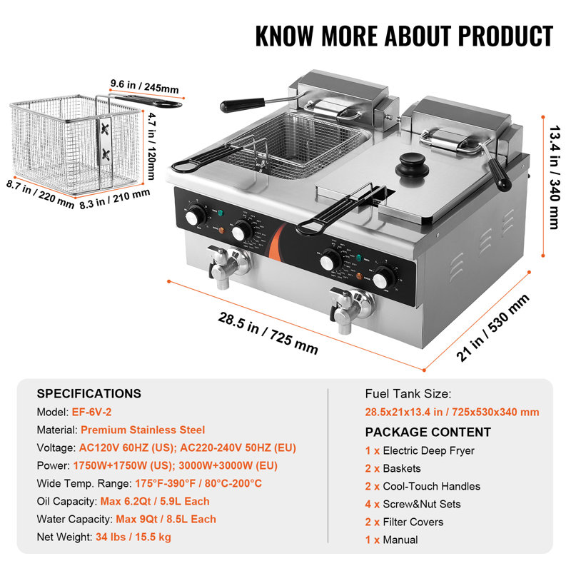 Commercial Electric Deep Fryer Countertop Fryer 3500W Dual Tank 2x9Qt/8.5L