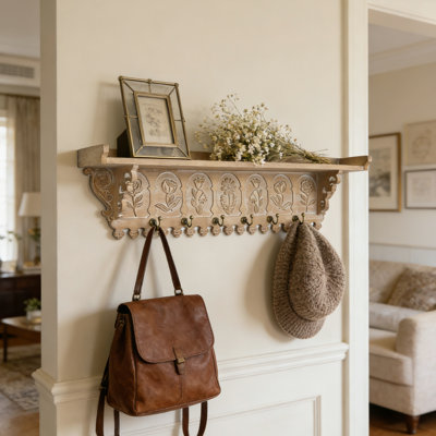 Wall Mounted Coat Rack with Shelves, Wood Wall Organizer