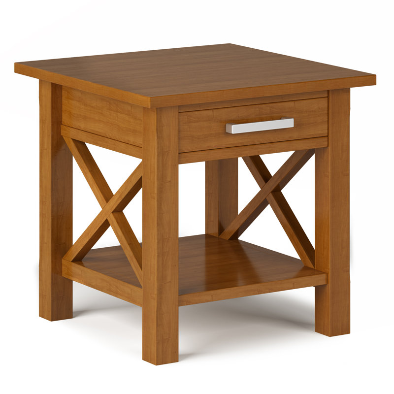 Table de bout carrée contemporaine en bois massif l 21 po avec tiroir Kitchener, Brun clair, H 20 po x l 20,5 po x P 20,5 po