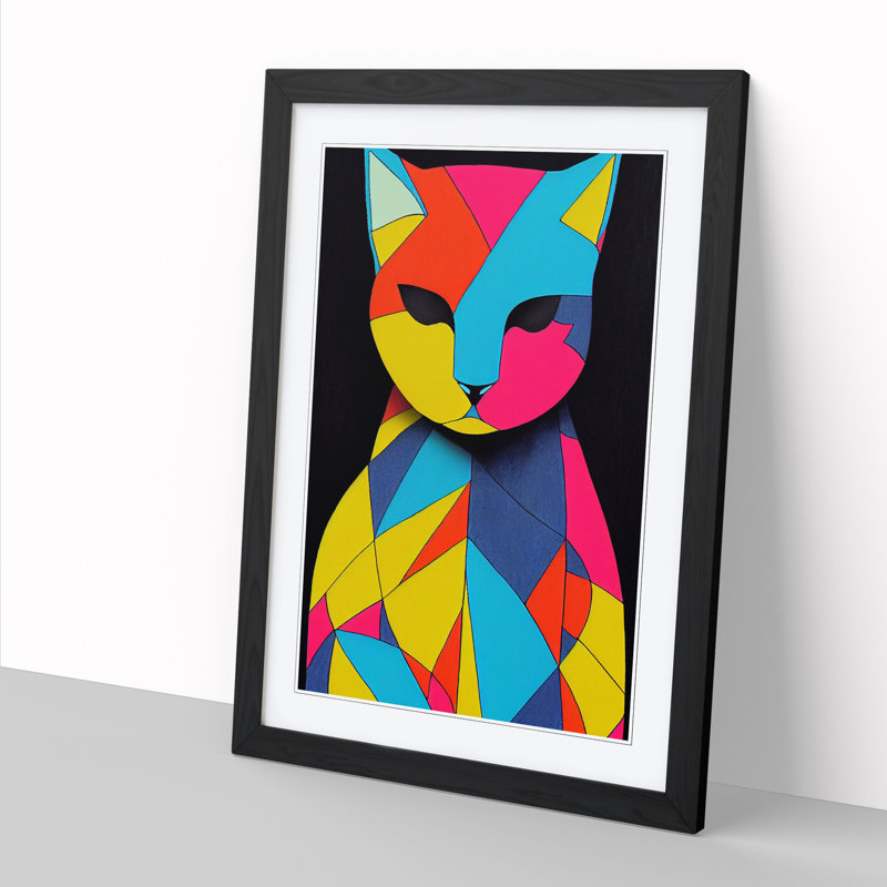 FRM-V0523-373X Cat Block Colour - Single Picture Frame Print, Black Framed, 64cm H x 46cm W x 2cm D