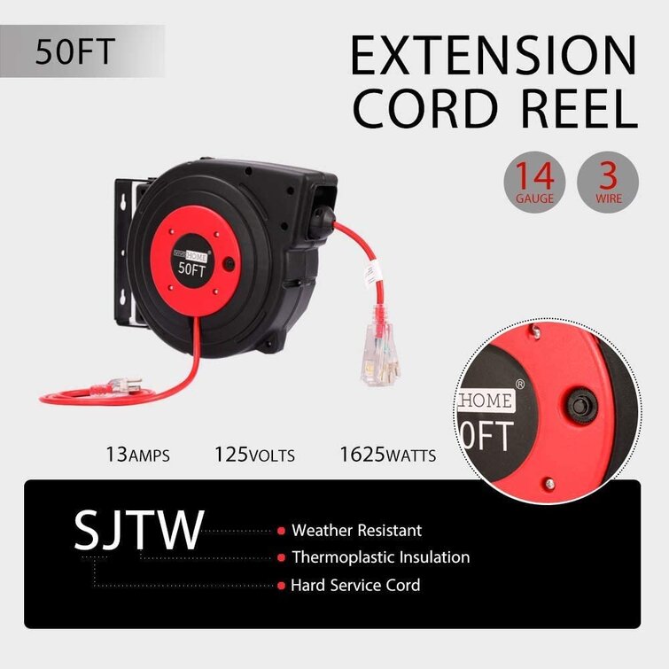 50Ft Retractable Extension Cord Reel, 14 AWG/3C Power Cord Reel