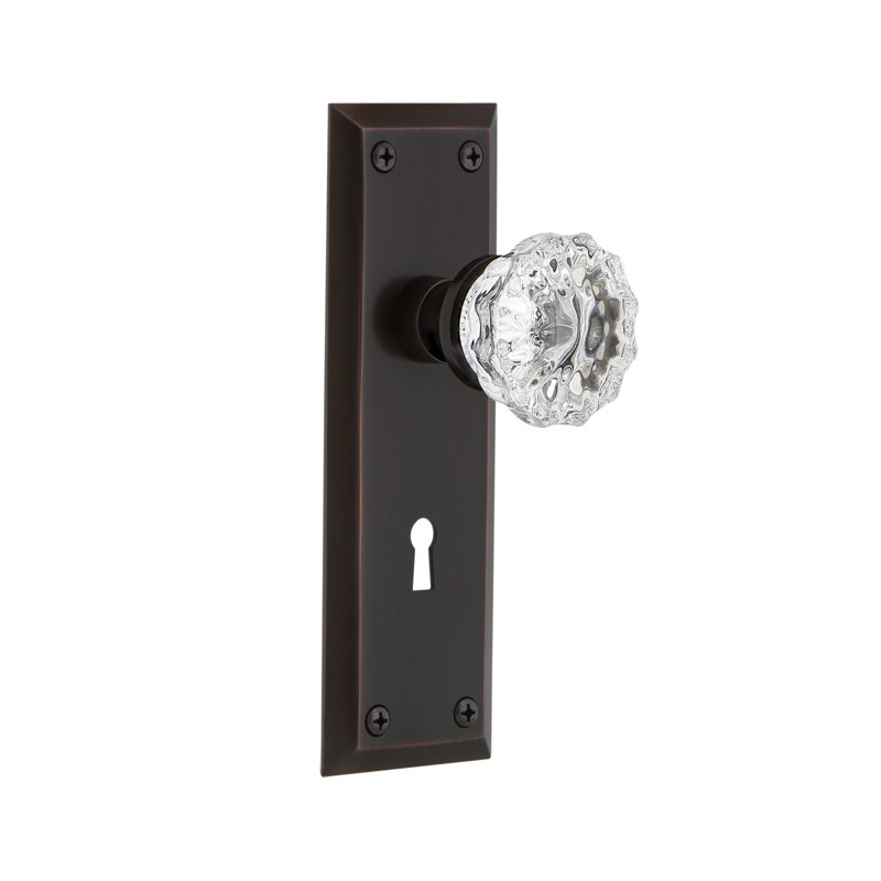 Clear Crystal Interior Mortise Door Knob with New York Long Plate, Timeless Bronze