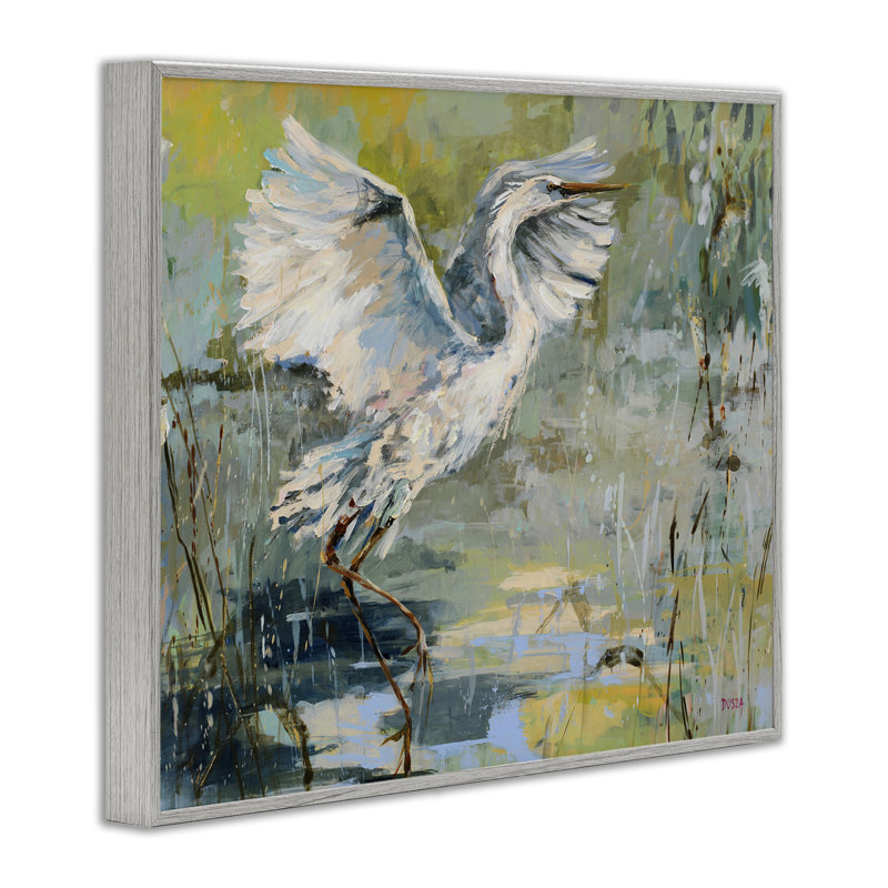 «Radiant Crane at Pond», estampe numérique, conception de Dusza, H 11 po x l 14 po, Estampe numérique Farmhouse