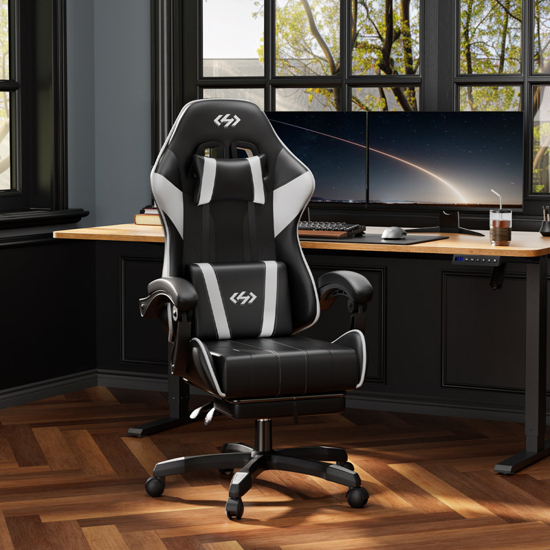Metro Lane Adjustable Reclining Ergonomic Faux Leather Swiveling PC & Racing Game Chair with Footrest, Black/White