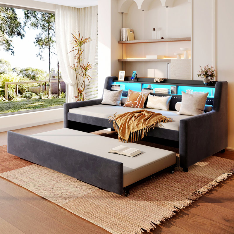 Daybed With Trundle, Corner Bed With LED Light And Charging Station