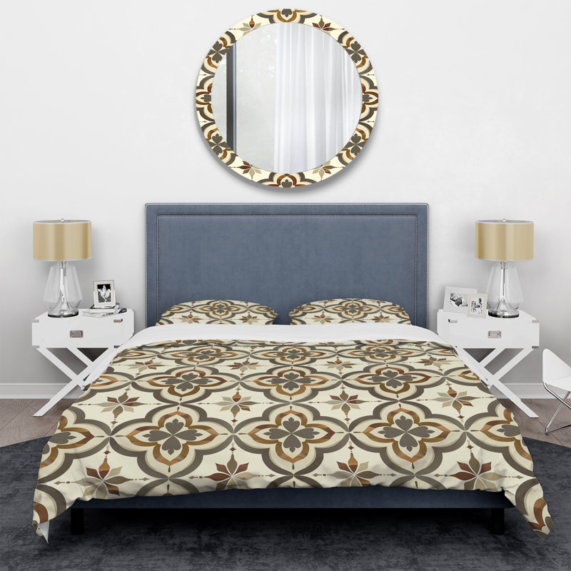Ensemble de housse de couette moderne brun et beige à motif quadrilobe III, Housse de couette très grand + 2 très grandes ta