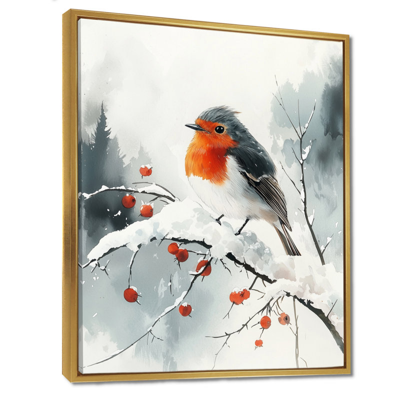 Althoff Robin Bird in Winter Snow II - Art mural oiseau, H 44 po x l 34 po, Impression encadrée flottante, Doré
