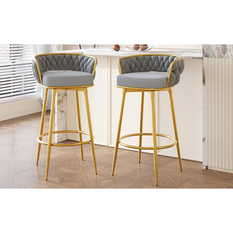 Ensemble de 2 tabourets de bar pivotants à hauteur de comptoir de 31,5 po avec dossier tissé à la main et pieds en métal doré, chaises de cuisine modernes à dossier bas avec repose-pieds pour îlot, salle à manger