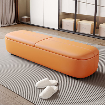 Orange Modern Wood Upholstered  Bedroom and Entry Leather Long Storage Bench