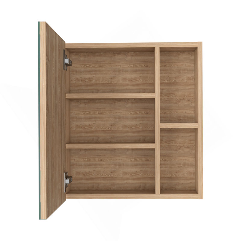 Armoire à pharmacie à porte simple H 19 po avec miroir, cinq tablettes intérieures, chêne clair, Beige
