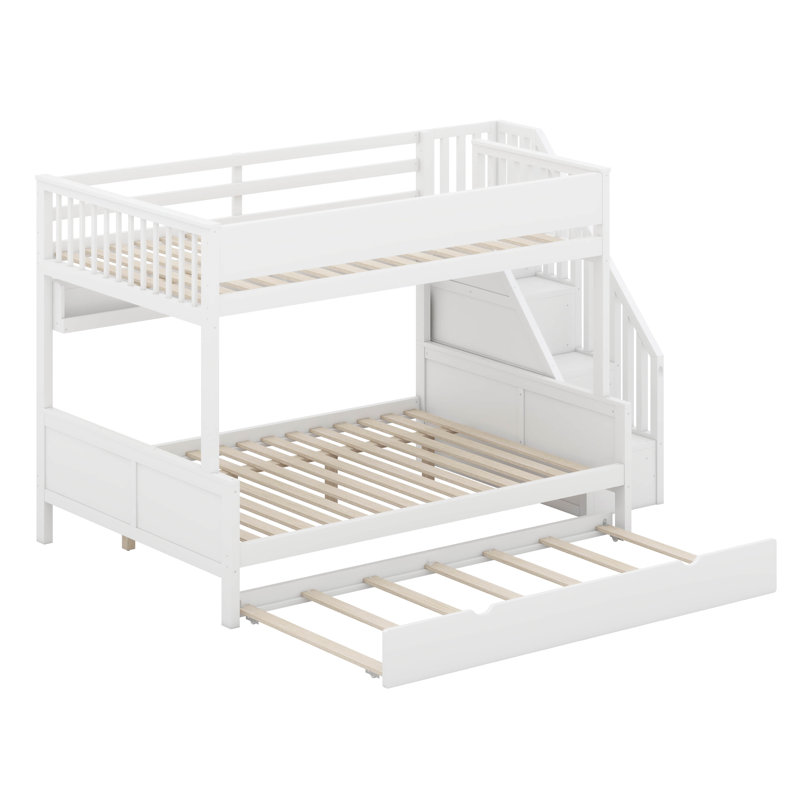Lit double superposé au-dessus de très grand lit double avec lit gigogne et tablettes et éclairage à DEL, cadre de lit superposé en bois massif avec escalier de rangement et garde-corps de sécurité