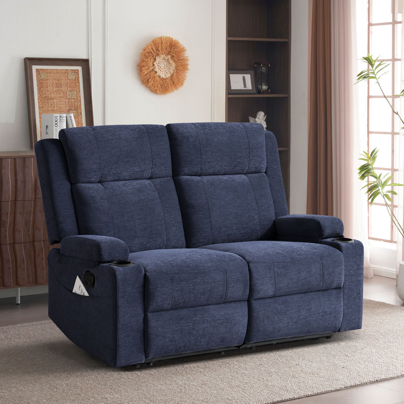 Causeuse inclinable manuelle moderne en chenille avec porte-gobelets et accoudoirs de rangement, dossier réglable, design compact pour le salon - bleu