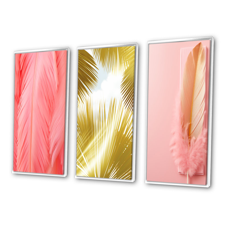 «Boho Glam Pink Feather Elegance», 3 pièces sur toile, Cadre blanc, H 20 po x l 36 po