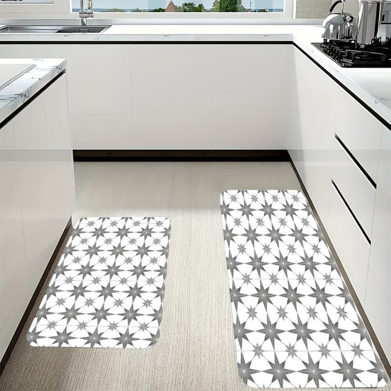 Tapis de cuisine gris et blanc à carreaux étoilés, 2 pièces, pour la cuisine et la salle de lavage