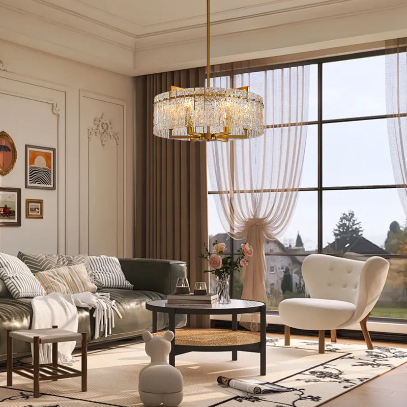 6- Light Dimmable Glass Drum Chandelier, Textured Glass Dining Room Chandelier
