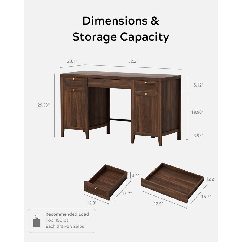 Bureau de direction 52 po avec armoire de rangement et 3 tiroirs Farmhouse, Brun