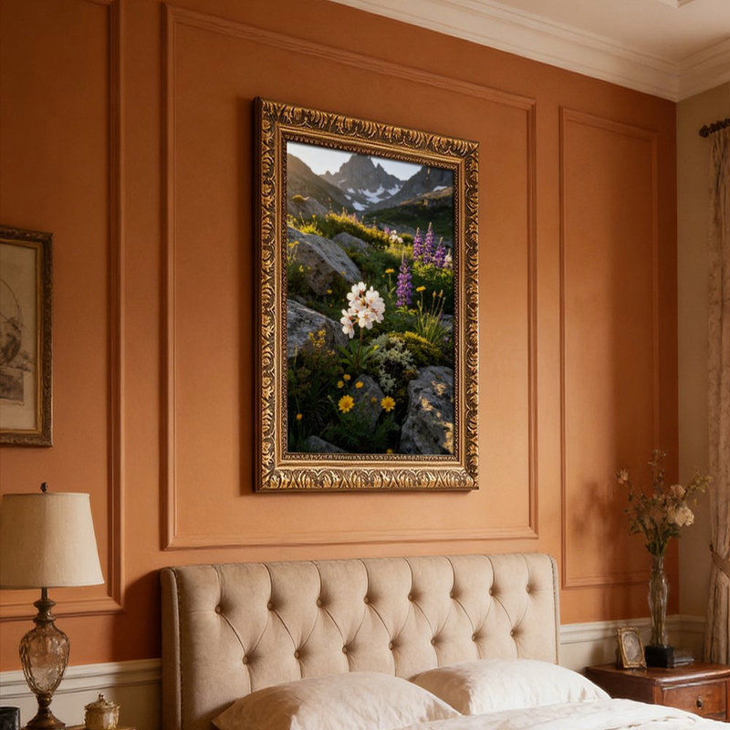 Cadre mural vintage orné représentant une scène de prairie de lupins – Cadre décoratif doré pour œuvres d'art.