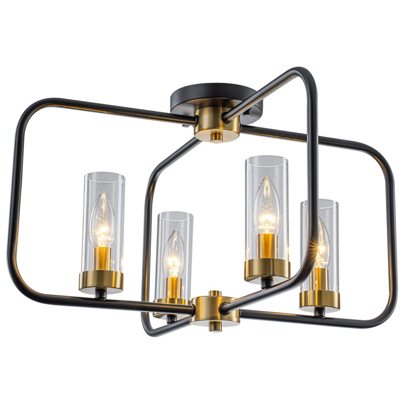 Plafonnier semi-encastré moderne géométrique 20 po, plafonnier industriel 4 lumières noir et or antique avec abat-jour en verre transparent soufflé à la main, cadre carré en métal pour le vestibule de la salle à manger