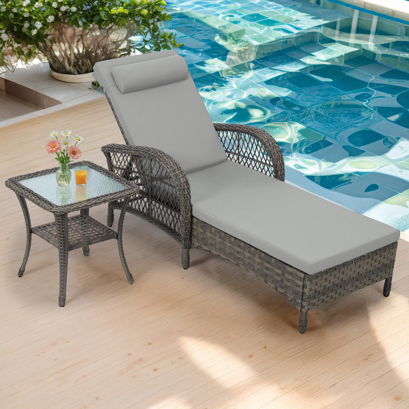 Outdoor Wicker Chaise Lounge Chair With Cushion, 76.98" Long All Weather Pe Rattan Patio Lounge Chair, 6-Positions Adjustable Pool Reclining Sunbathing Chair, Armrest & Head Pillows