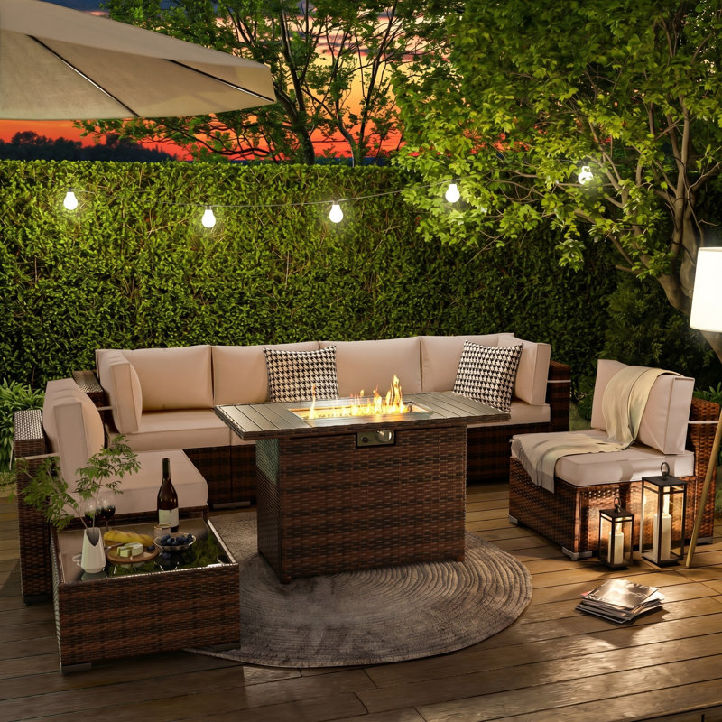 Ensemble de conversation pour patio 8 pièces avec foyer d'extérieur Romanas, Kaki