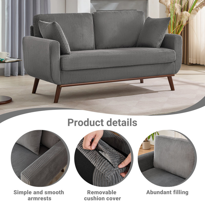 65" Corduroy Loveseat With 2 Free Matching Pillows, Gray