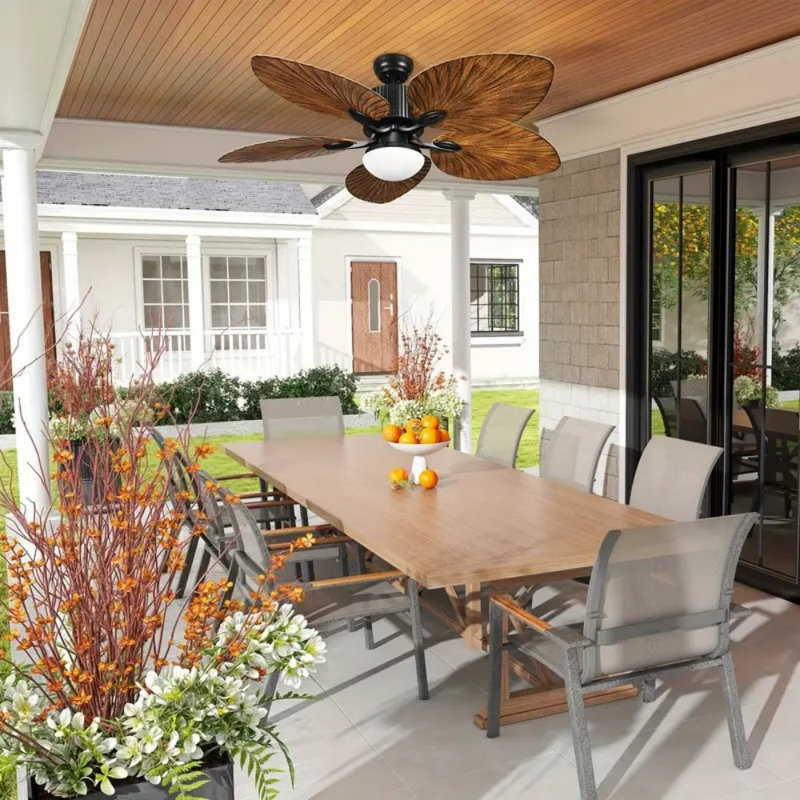 52- Inch Tropical Ceiling Fans With Light And Remote, 5 Leaf Blades Energy- Efficient Ceiling Fan For Outdoor, Indoor- Brown