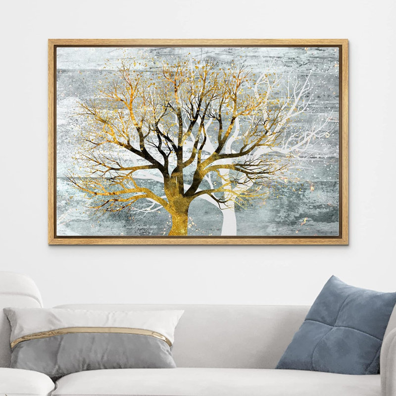 Pastel doré, forêt blanche, arbre, nature, paysage abstrait, rustique, décor relax, sur toile, Encadré naturel