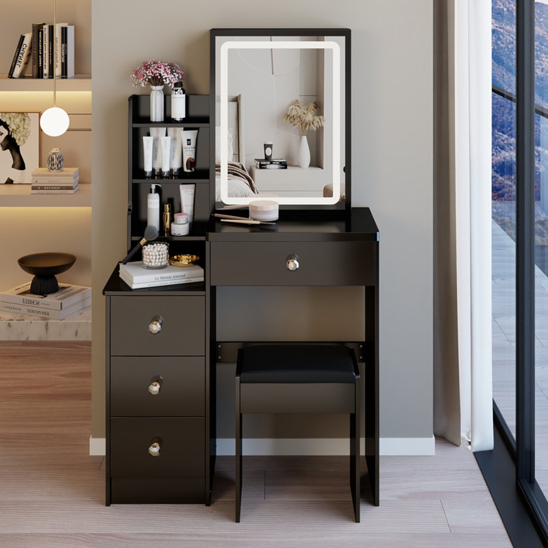 Table de chevet compacte 29,2 pouces avec miroir DEL, rangement coulissant et tabouret rembourré pour les petits espaces