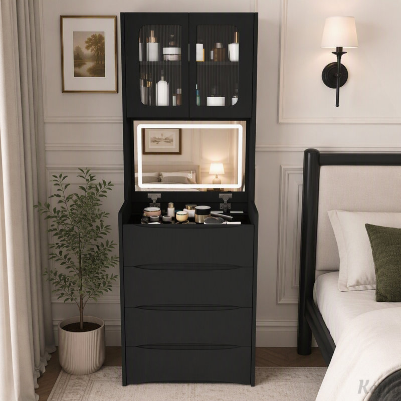 Table de coiffeuse 3-en-1 avec miroir à DEL et tabouret de rangement