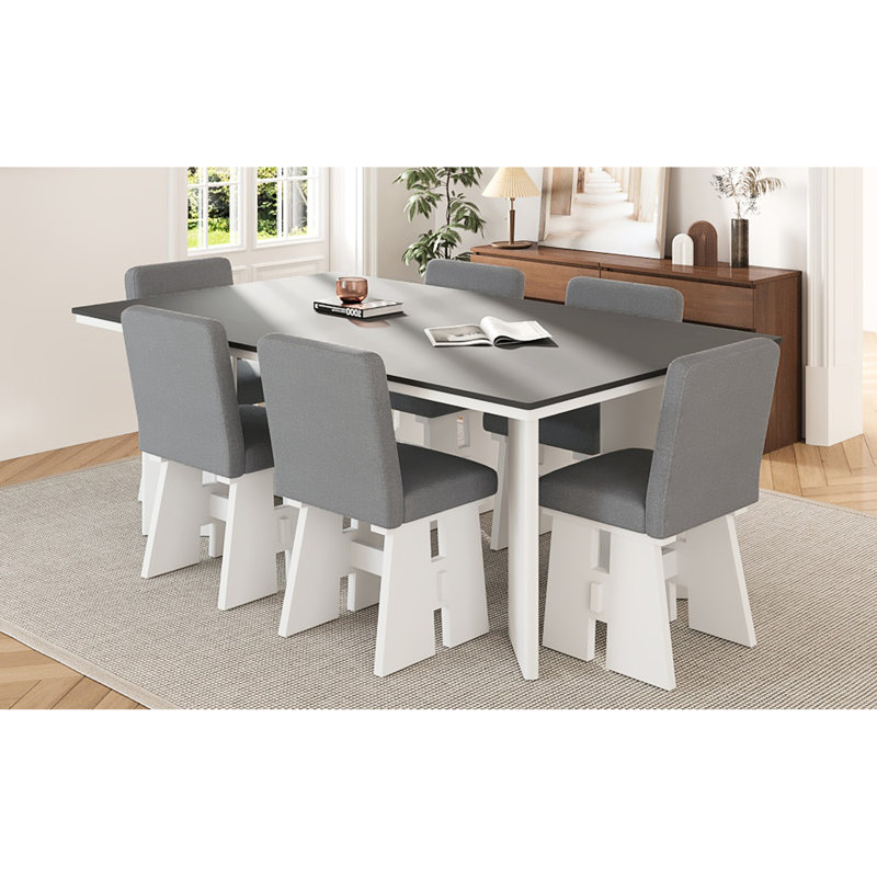 7 Collection de salle à manger en gris foncé + blanc, bois massif, fauteuil relaxant, collection de meubles, chaises pratiques