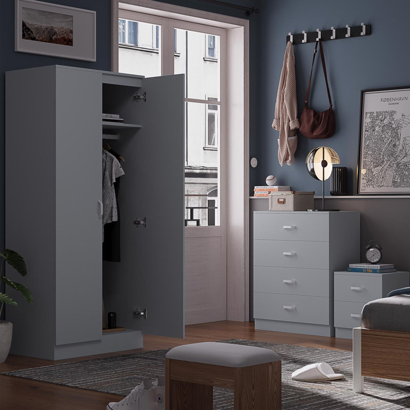Lycinda 3 Piece Bedroom Furniture Set. 2 Door Wardrobe. 4 Drawer Chest Of Drawers. 2 Drawer Bedside Table. Matt Finish, Scratch Resistant, Brushed Chrome Metal Handles
