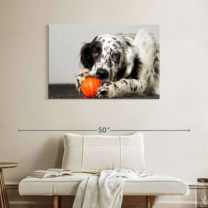Chien avec jouet orange, H 26 po x l 39 po
