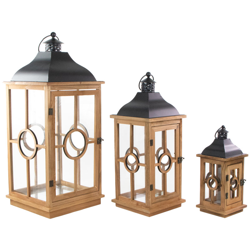 Natural Wood Candle Lanterns with Black Metal Tops